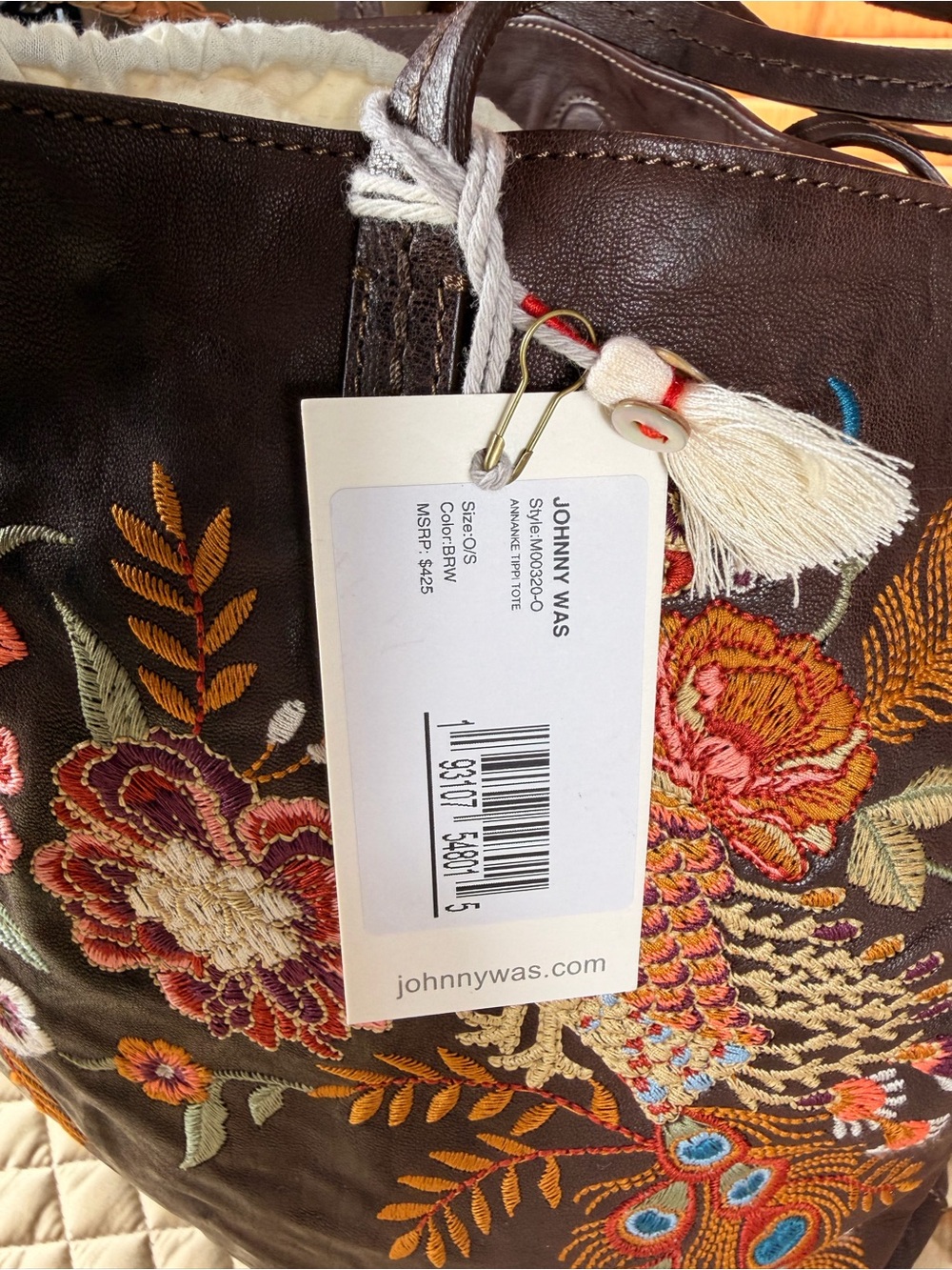 Johnny Was Brown Leather Annanke Tippi Tote Embroidered Floral Leather Bag, NWT - Picture 8 of 11